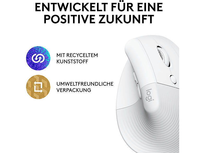 LOGITECH Lift Ergonomische Vertikale Maus, Bluetooth/USB, 4000 DPI, 6 Tasten, Grauweiß — Foto 4 von 5