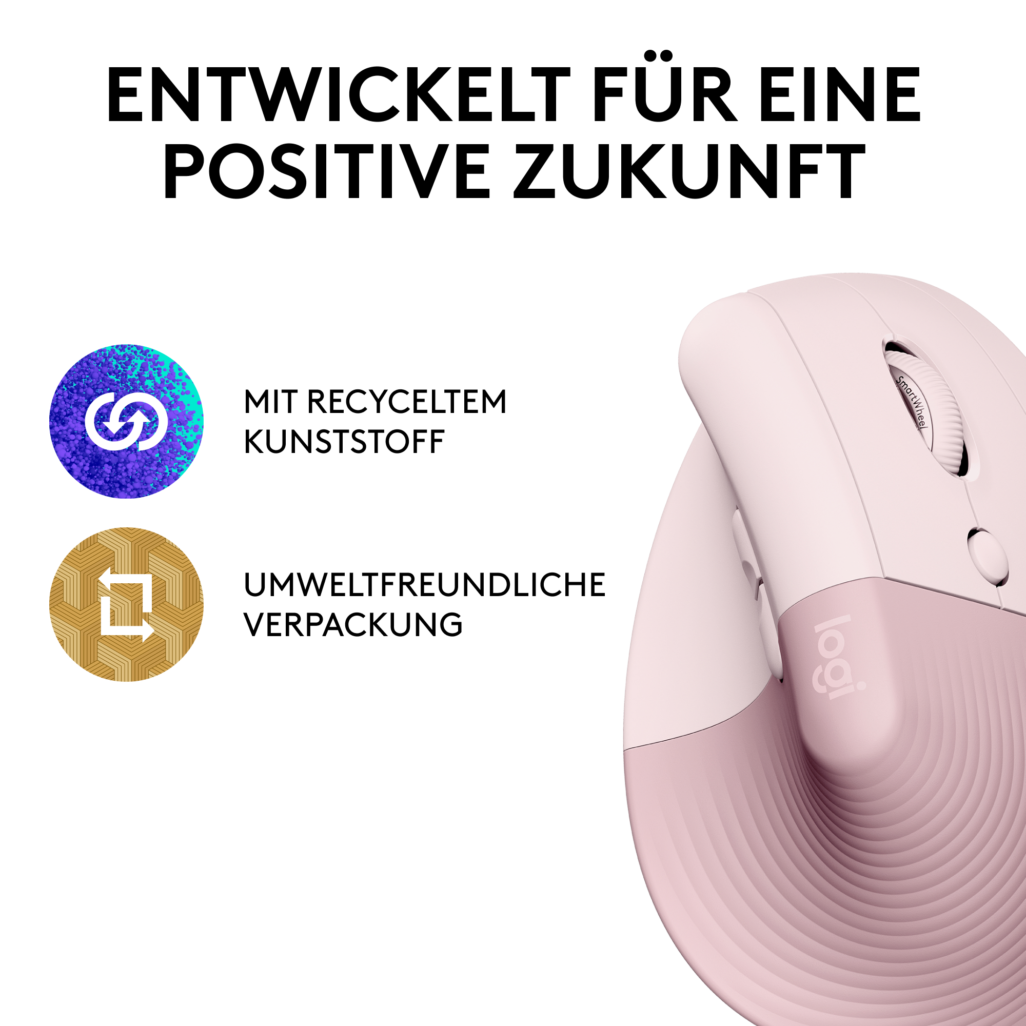 Pinke und weiße Logitech Maus mit Text.