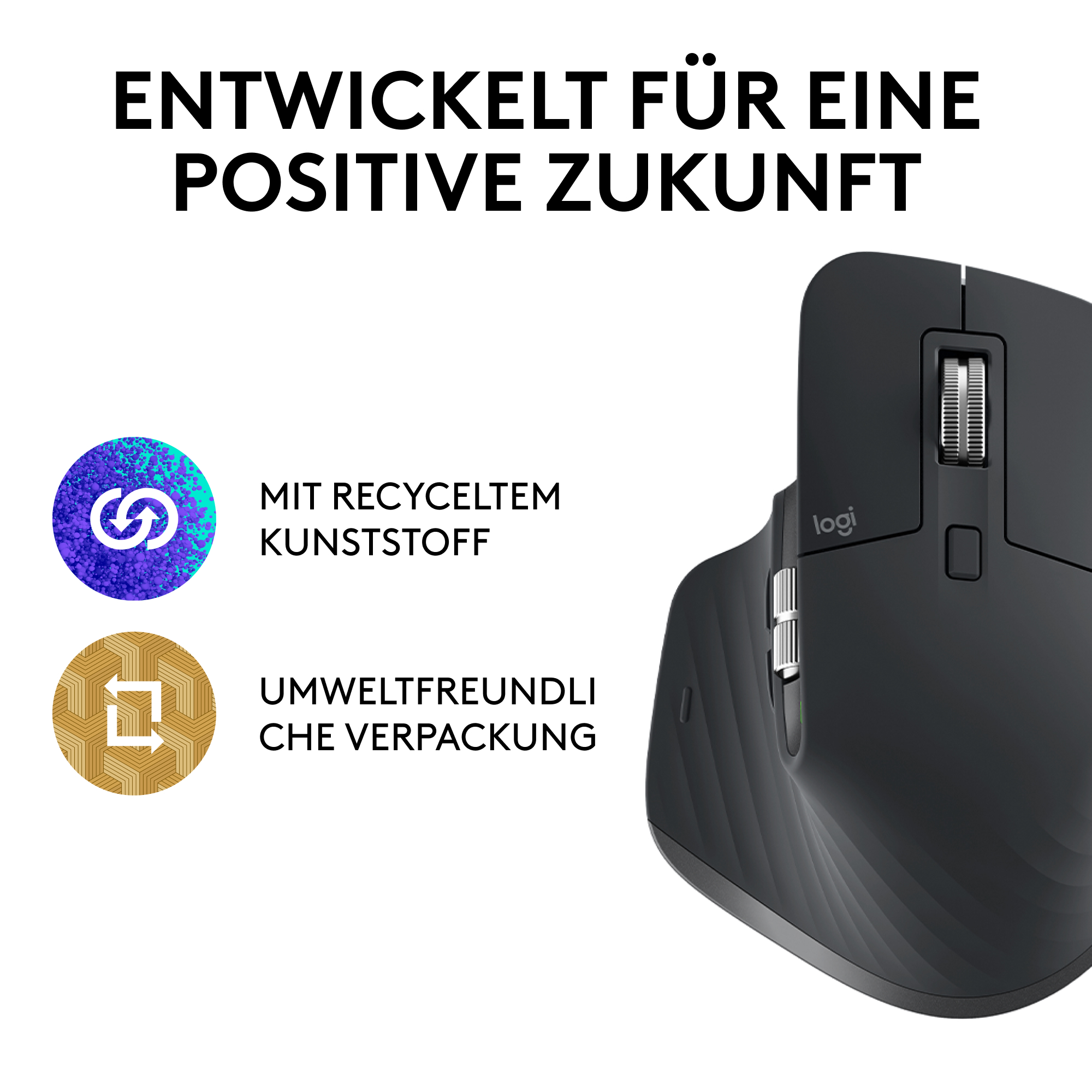 Logitech-Maus mit Text: Mit recyceltem Kunststoff, Umweltfreundliche Verpackung.