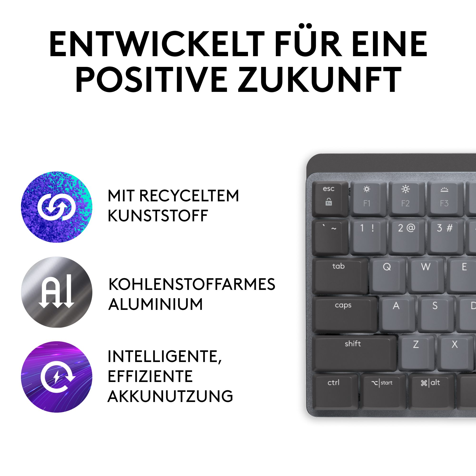 Tastatur mit Text: Entwickelt für eine positive Zukunft. Icons für recycelten Kunststoff, Aluminium und effiziente Akkunutzung.