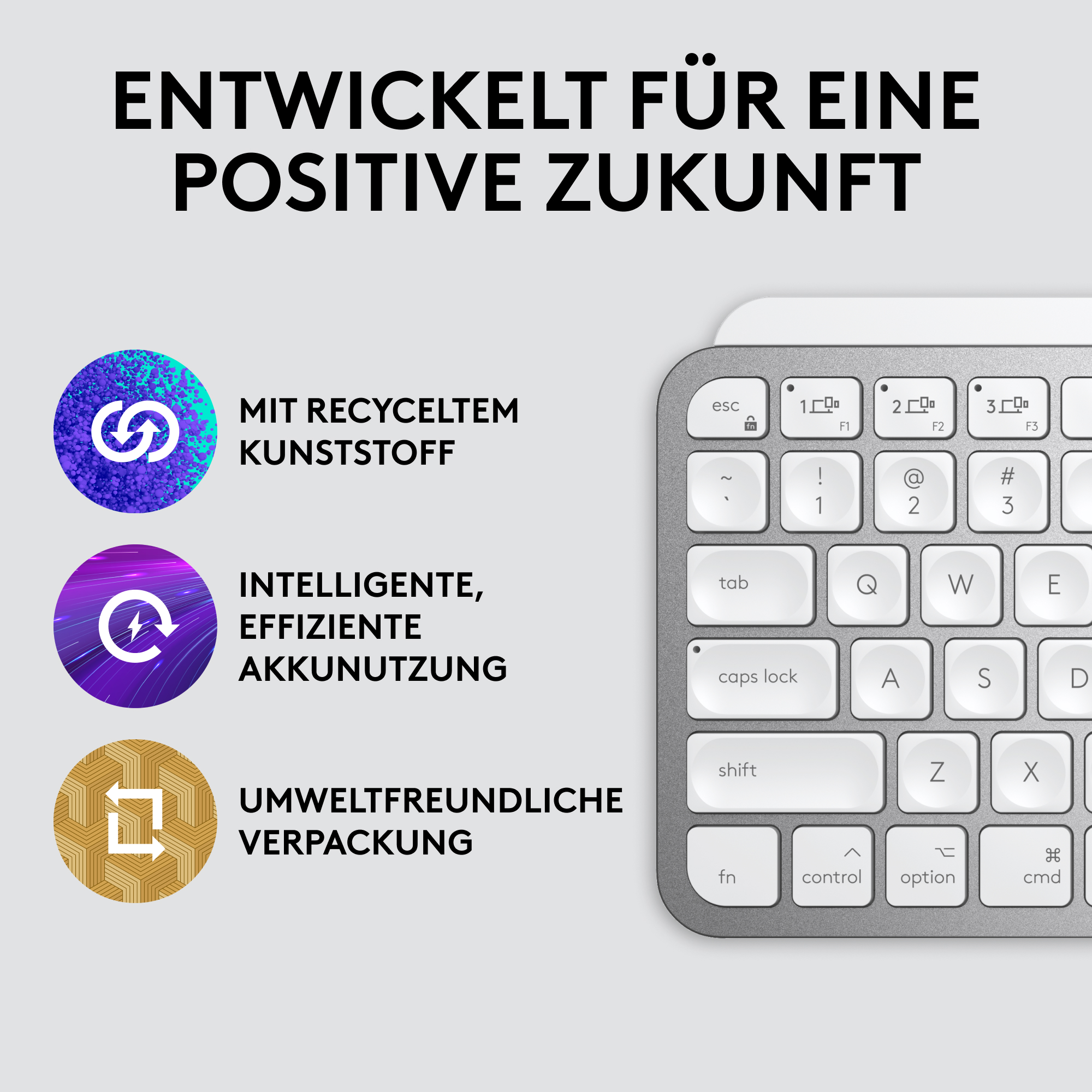 Eine schwarz-weiße Tastatur mit den Worten ENTWICKELT FÜR EINE POSITIVE ZUKUNFT.