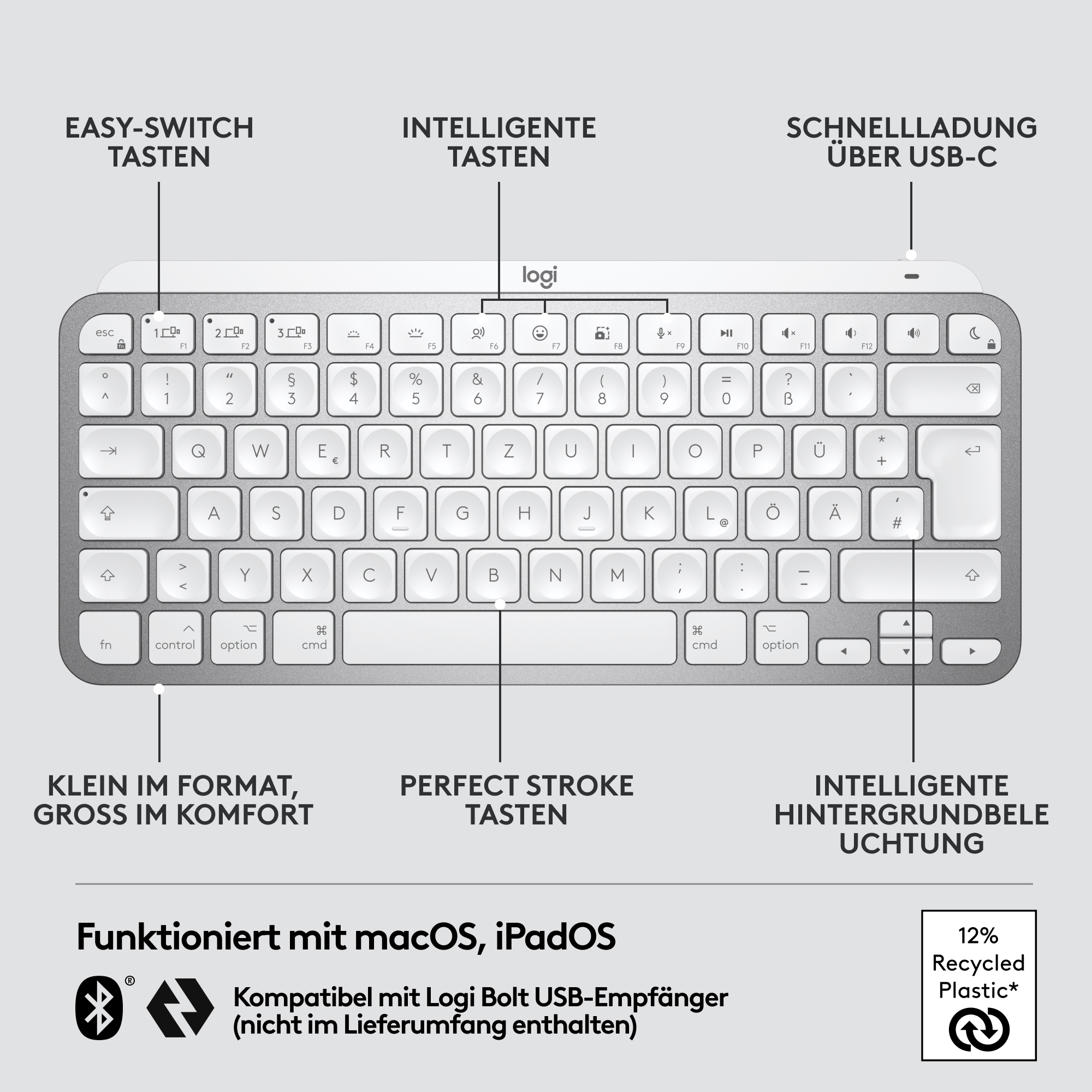 Eine silberne Tastatur mit deutschen Beschriftungen. Textbezeichnungen umfassen 'Easy-Switch' und 'Perfect Stroke'.