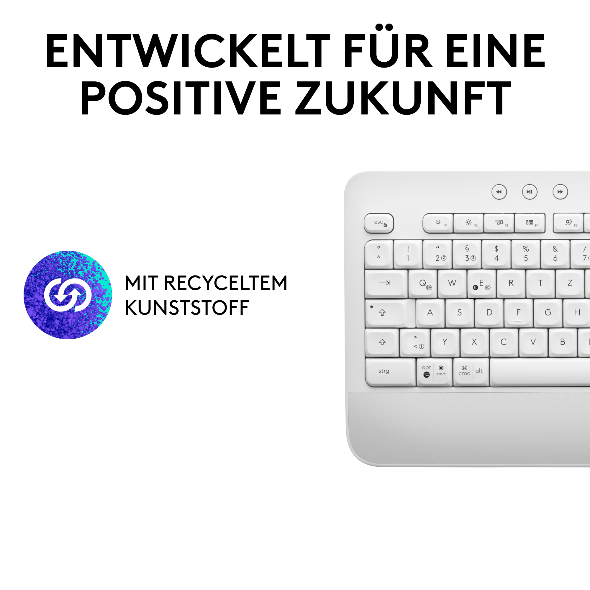 Weiße Tastatur mit Text und einem kreisförmigen Logo auf der linken Seite, auf weißem Hintergrund.