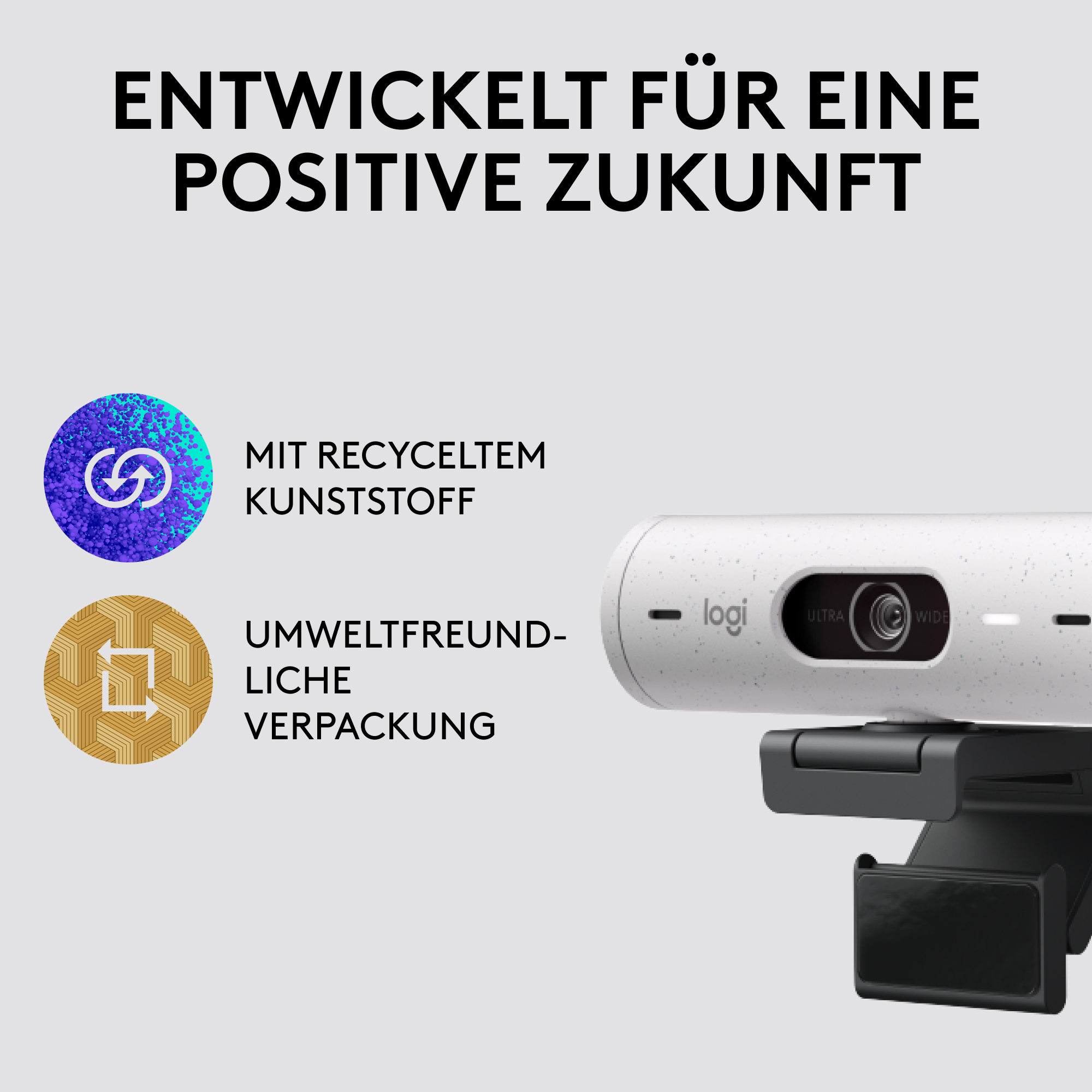 Webcam mit Text und Symbolen. Text lautet: Entwickelt für eine positive Zukunft. Es hat recycelten Kunststoff und umweltfreundliche Verpackungen.