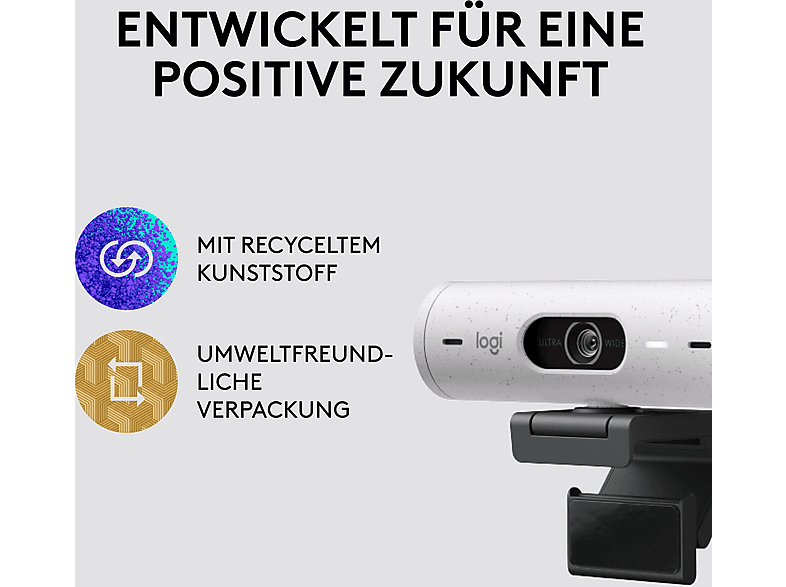 LOGITECH Brio 500 Full-HD-Webcam mit 1080p und Belichtungskorrektur, Auto-Framing und Show Mode, USB, Grauweiß — Foto 4 von 5