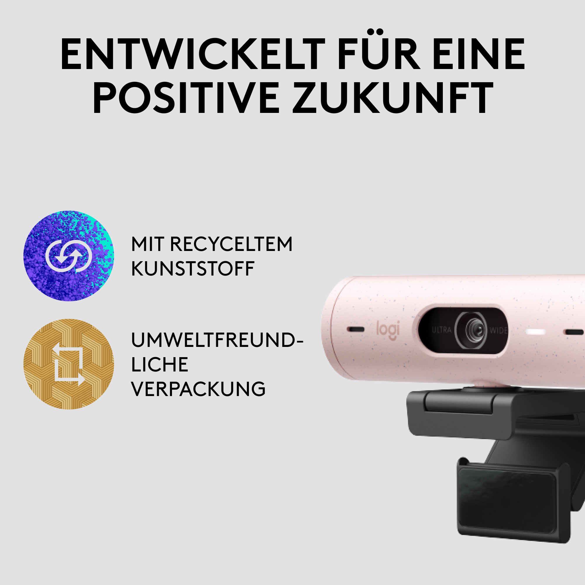 Eine rosa Webcam mit Text und zwei Symbolen.