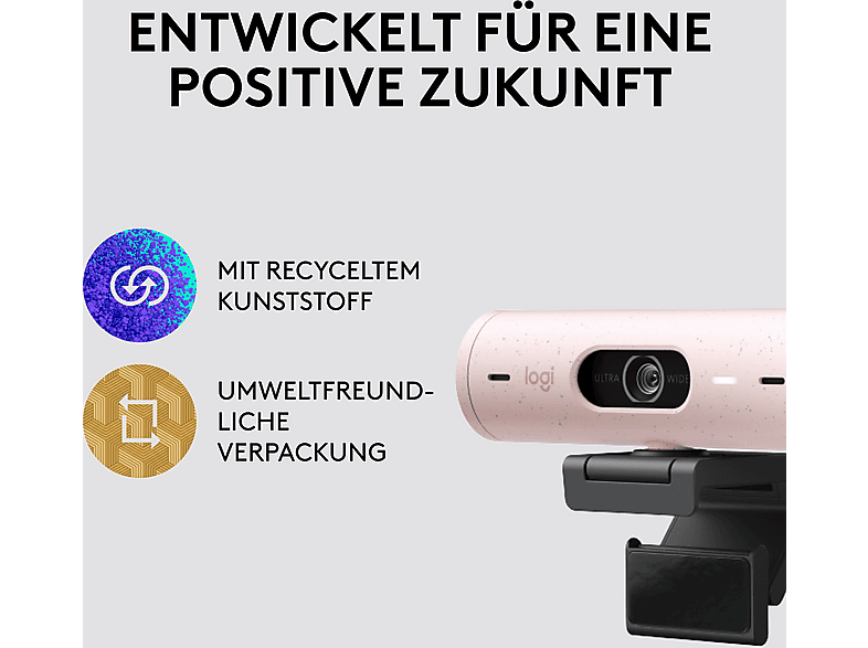 LOGITECH Brio 500 Full-HD-Webcam mit 1080p und Belichtungskorrektur, Auto-Framing und Show Mode, USB, Rosa — Foto 3 von 5