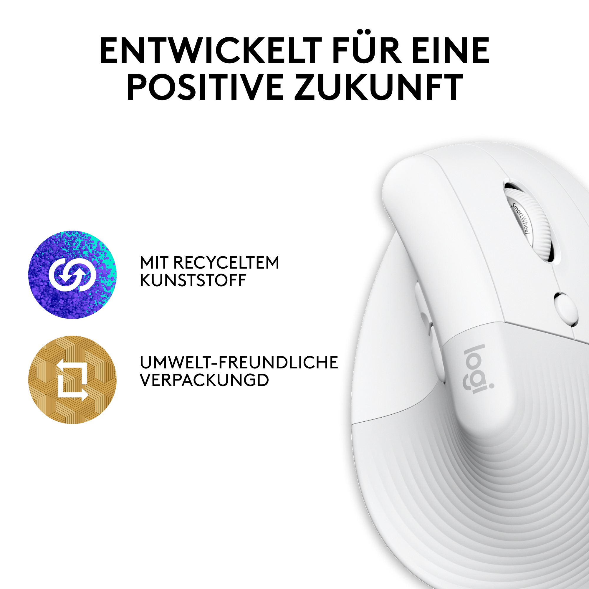 Weiße Computermaus mit grauem Sockel und Details. Logo und Text sind sichtbar. Der Hintergrund ist weiß.