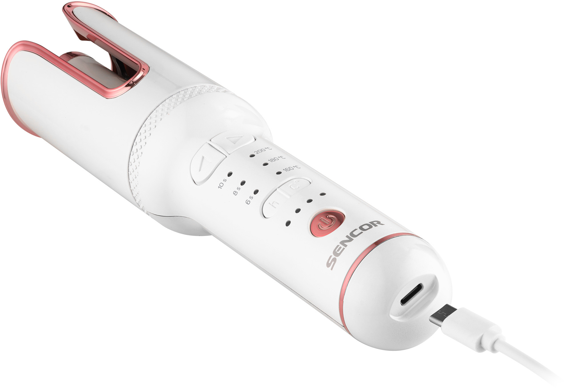 Fehér és rózsaarany hajgöndörítő. USB töltőport látható.