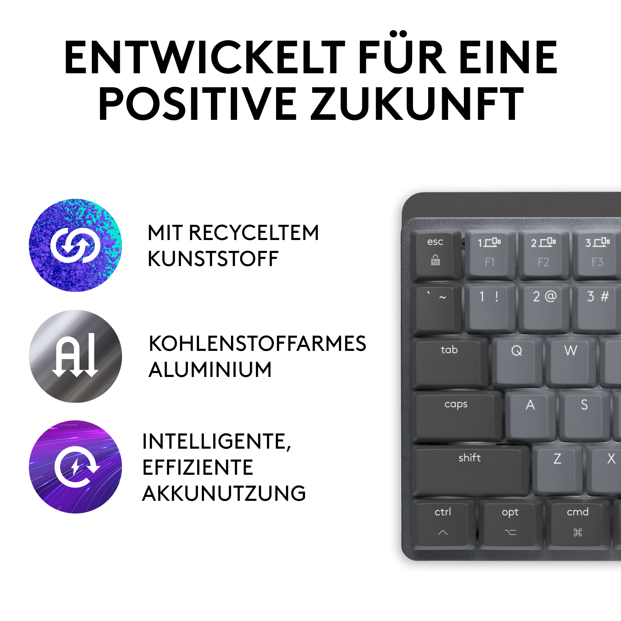 Tastatur mit Tasten und Symbolen für Recycling-Kunststoff, Aluminium und Akku.