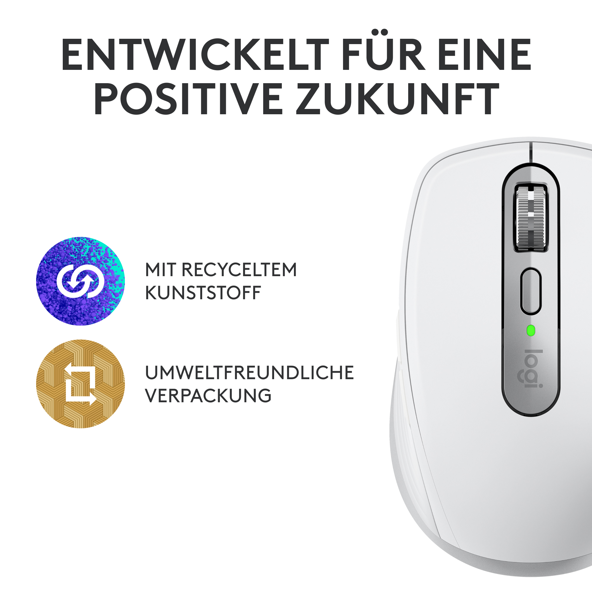 Weiße Maus mit Text über recycelten Kunststoff und umweltfreundliche Verpackung. Logi-Logo.