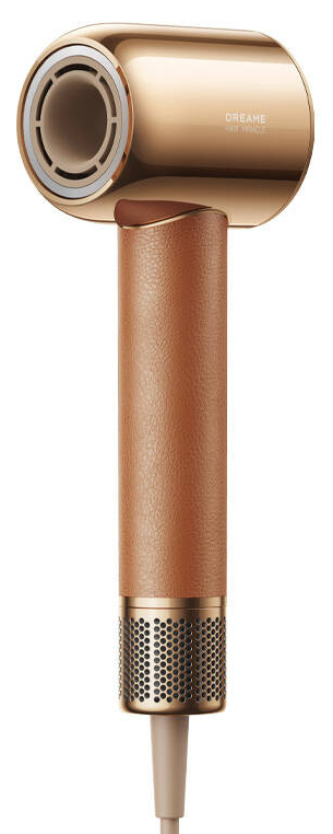 Złota i brązowa suszarka do włosów. Uchwyt ma teksturowany brązowy wygląd skóry.
