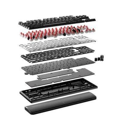 Vista explosionada de un teclado negro con interruptores rojos y reposamuñecas.
