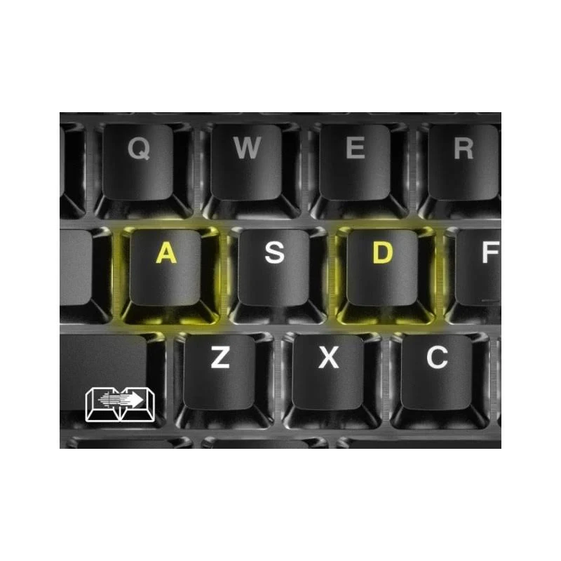 Primer plano de un teclado con teclas A, S, D iluminadas, teclas negras.