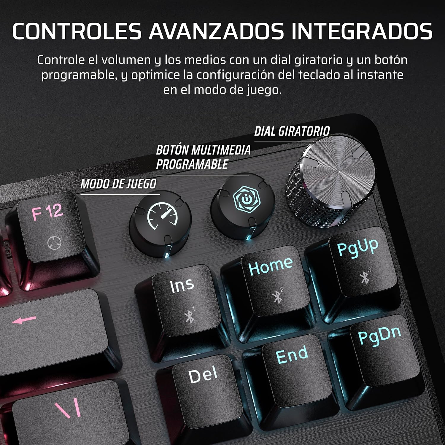 Primer plano del teclado con botones, un dial y botones multimedia. Las teclas son negras con texto blanco.