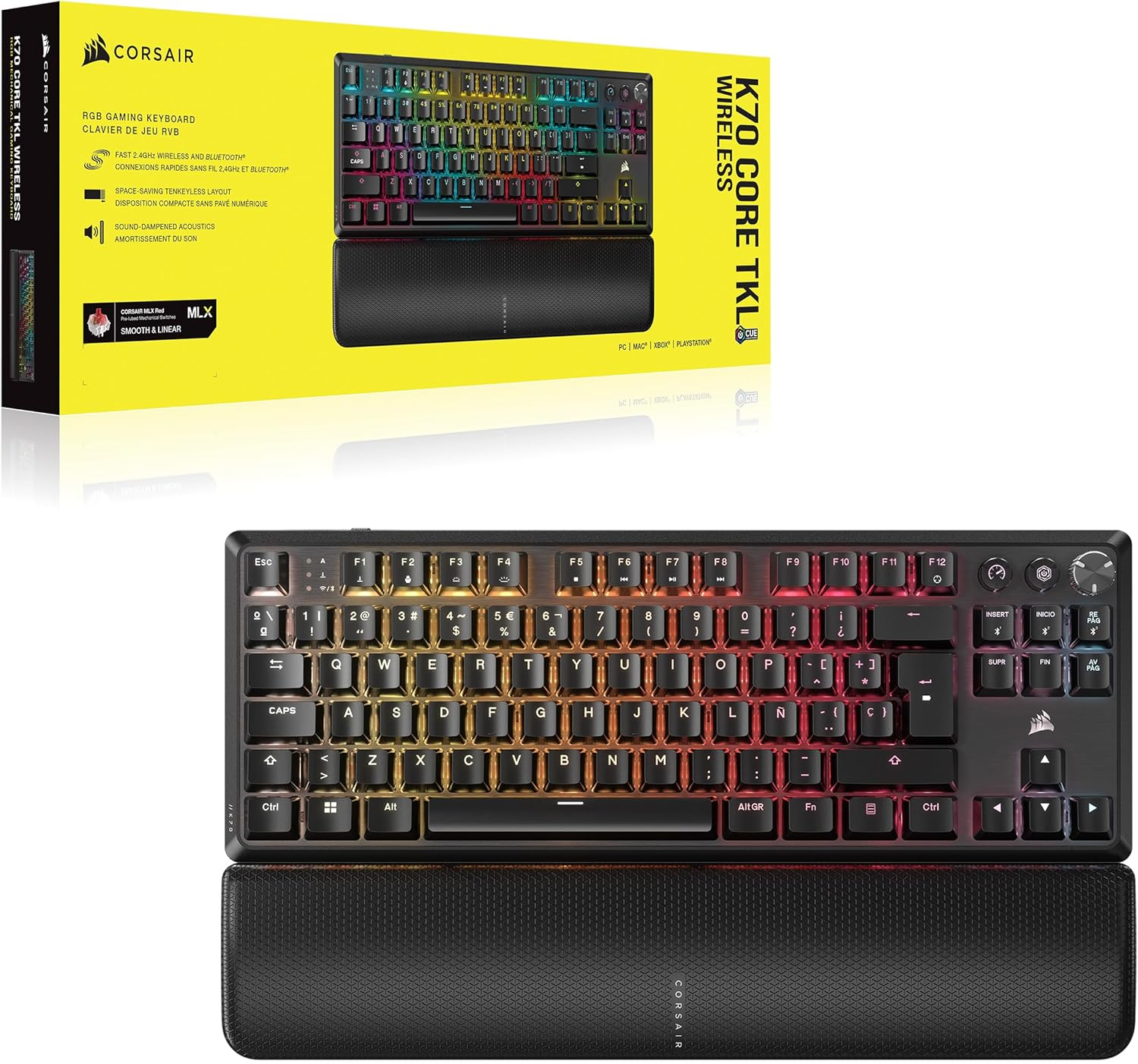 Teclado K70 Core TKL Wireless. Negro con iluminación RGB, reposamuñecas y caja amarilla al fondo.
