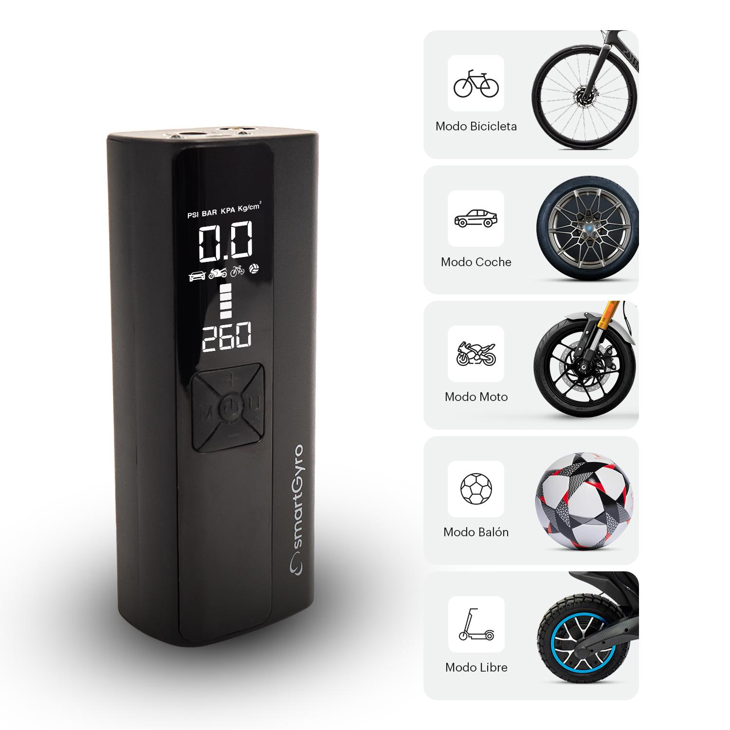Bomba de aire SmartGyro negra con pantalla digital que muestra presión y modos de vehículos.
