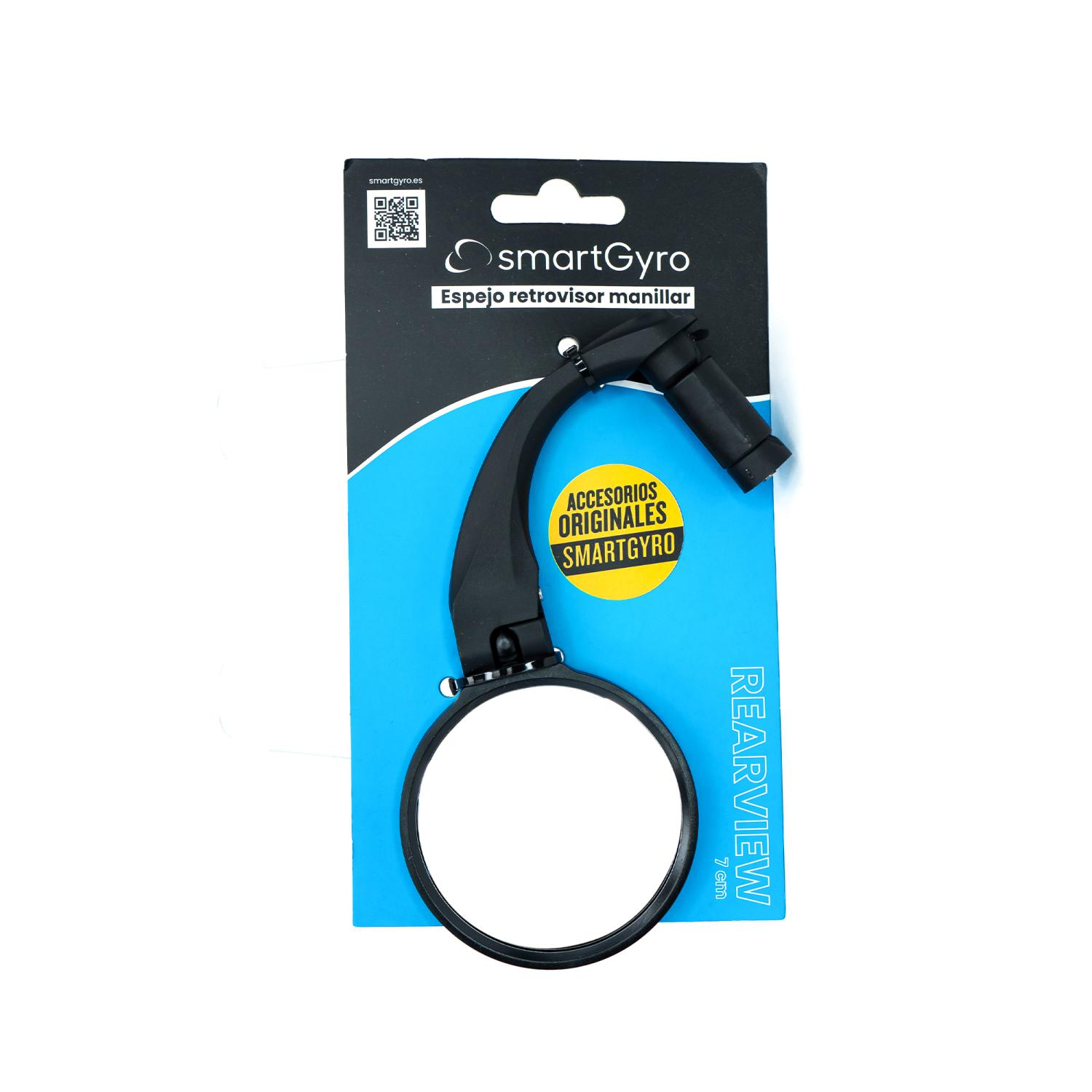 Espejo retrovisor de bicicleta SmartGyro con embalaje negro y azul.