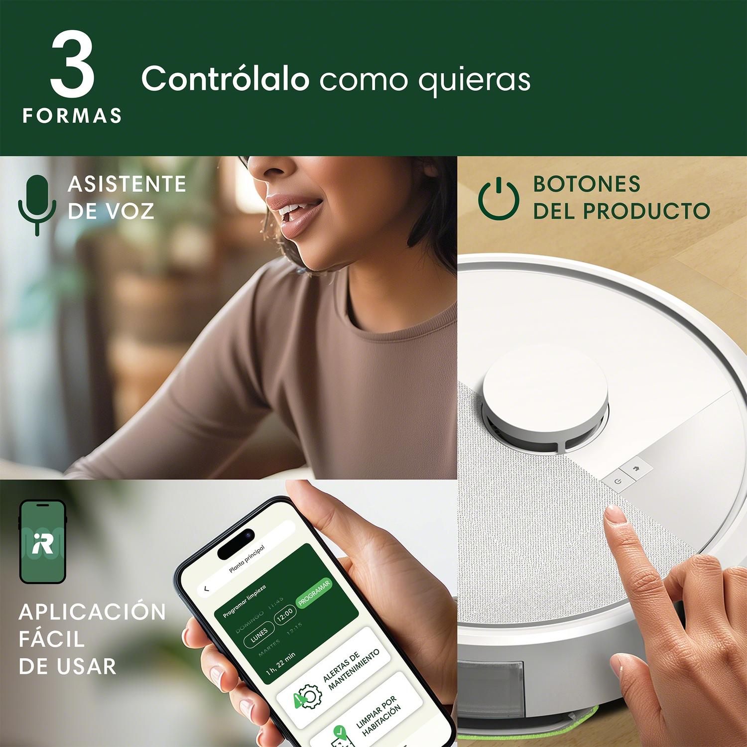 Tres imágenes: Asistente de voz, botones del producto y aplicación. Todas muestran diferentes formas de controlar un dispositivo, con texto.