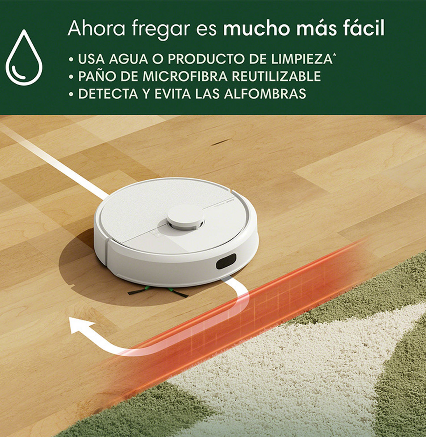 Robot aspirador en suelo de madera. Sigue una ruta de limpieza, cerca de una alfombra.