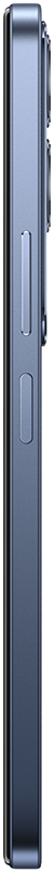 Seitenansicht eines Smartphones mit Tasten und Kamera. Das Telefon hat eine blaue metallische Oberfläche.
