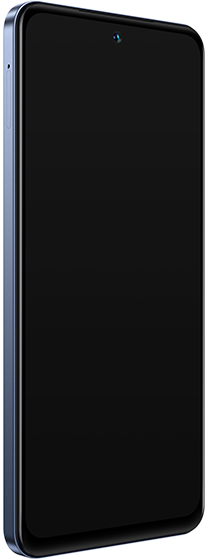 Ein Smartphone mit schwarzem Bildschirm und blauem Rahmen.