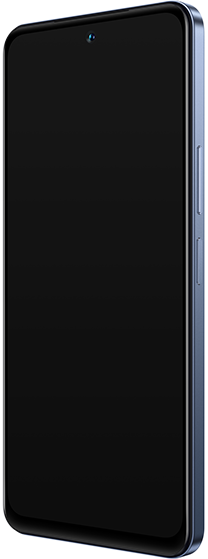 Ein blaues Smartphone mit schwarzem Bildschirm, von der Seite gesehen. Zeigt die Seitentasten und die Kamera.