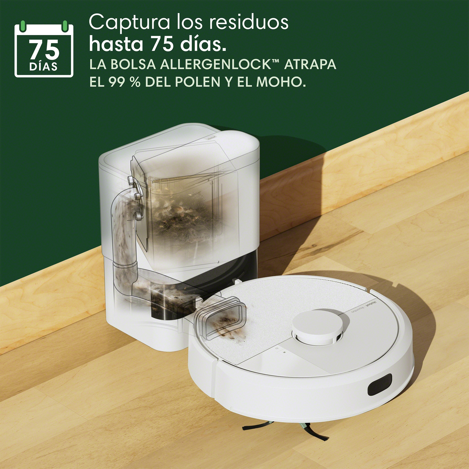 Un robot aspirador con un depósito de polvo en un suelo de madera.