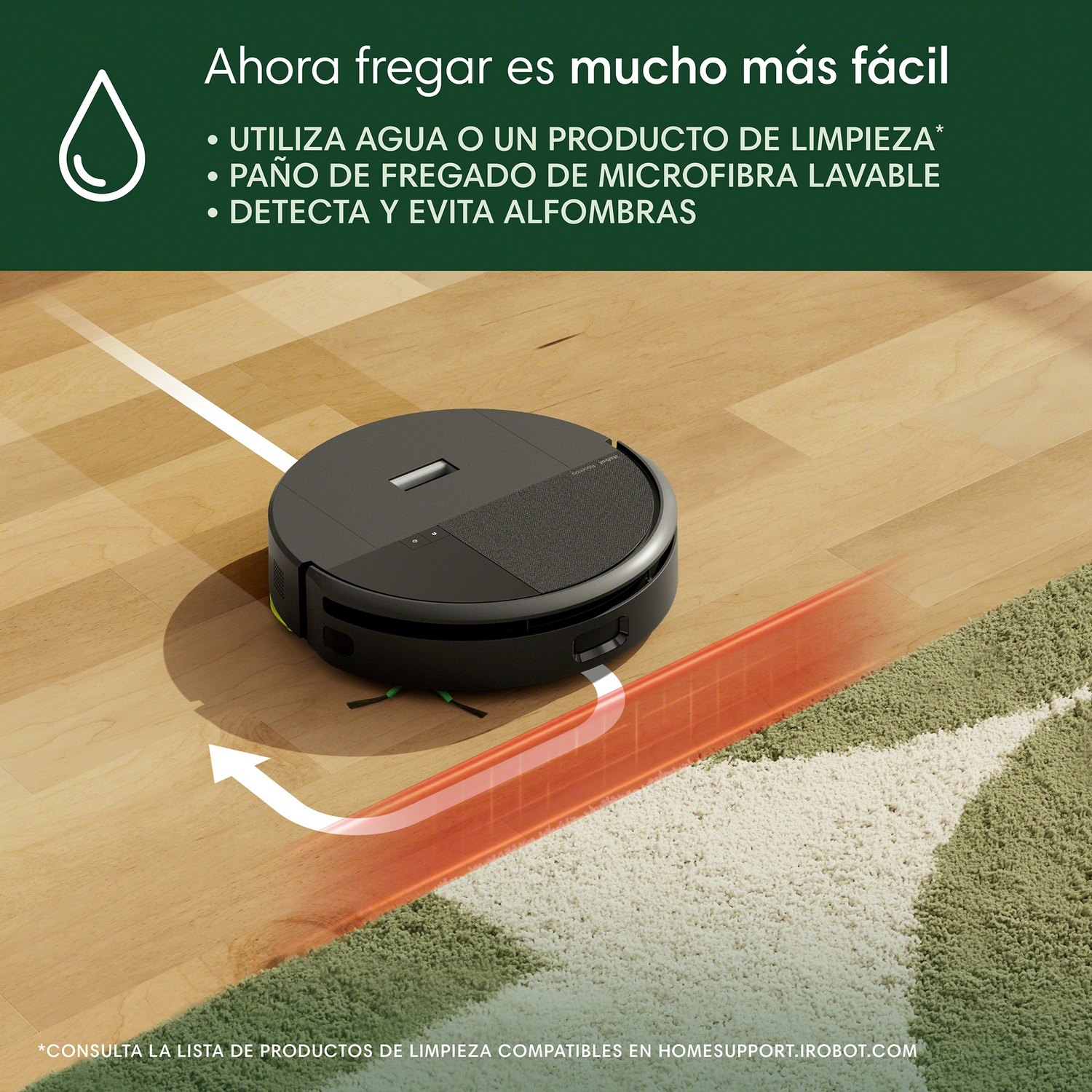 Aspiradora robot limpiando un suelo, con texto y gráficos.