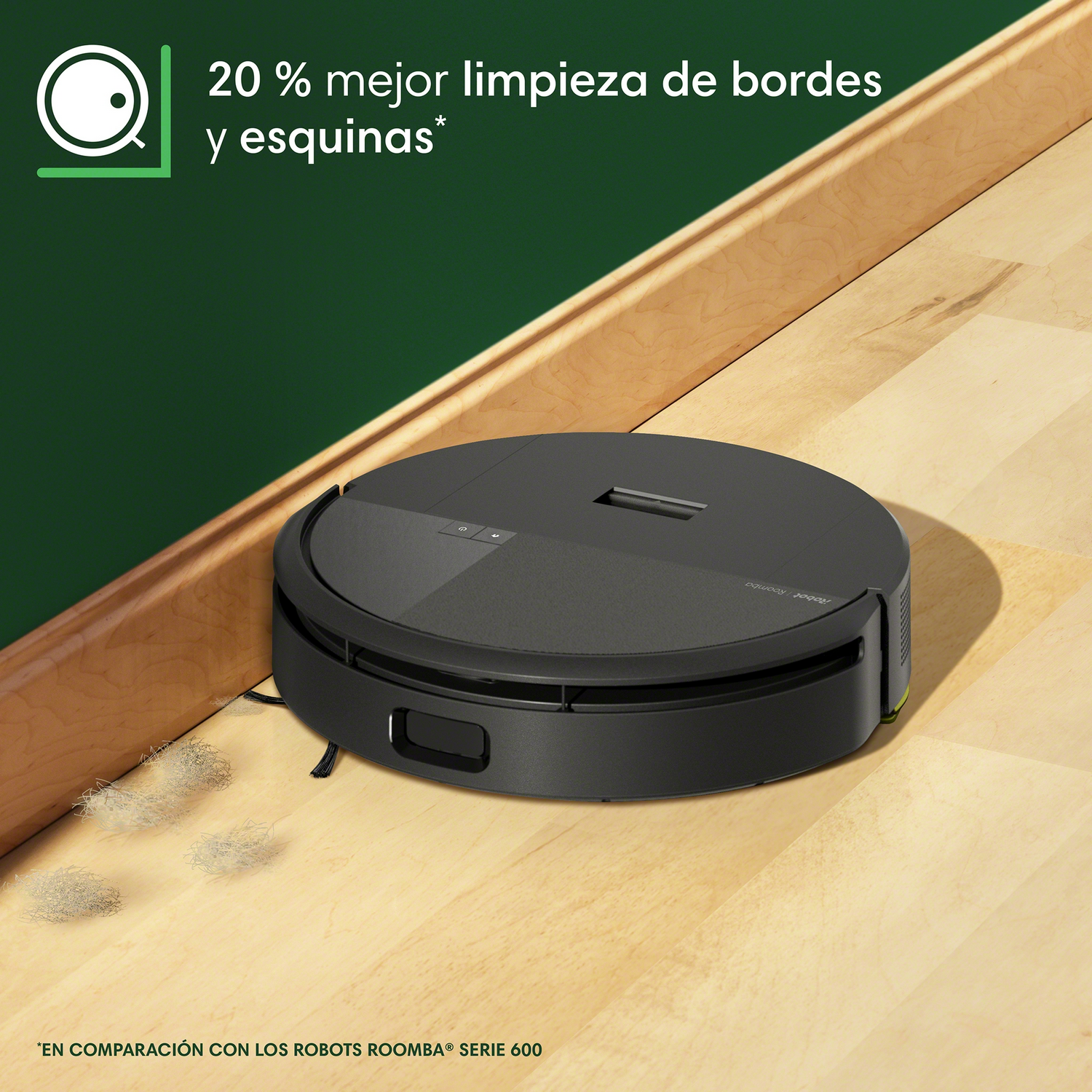 Aspiradora robot negra junto a una pared, con texto sobre limpieza de bordes.