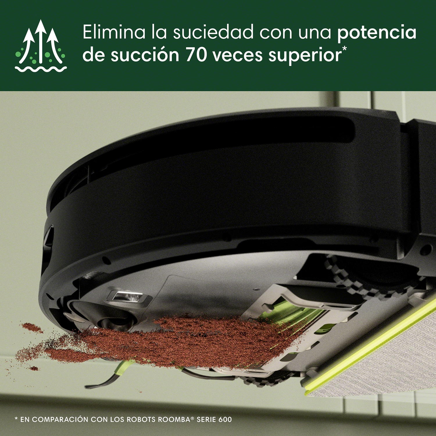 Aspiradora robot limpiando una superficie con residuos marrones.