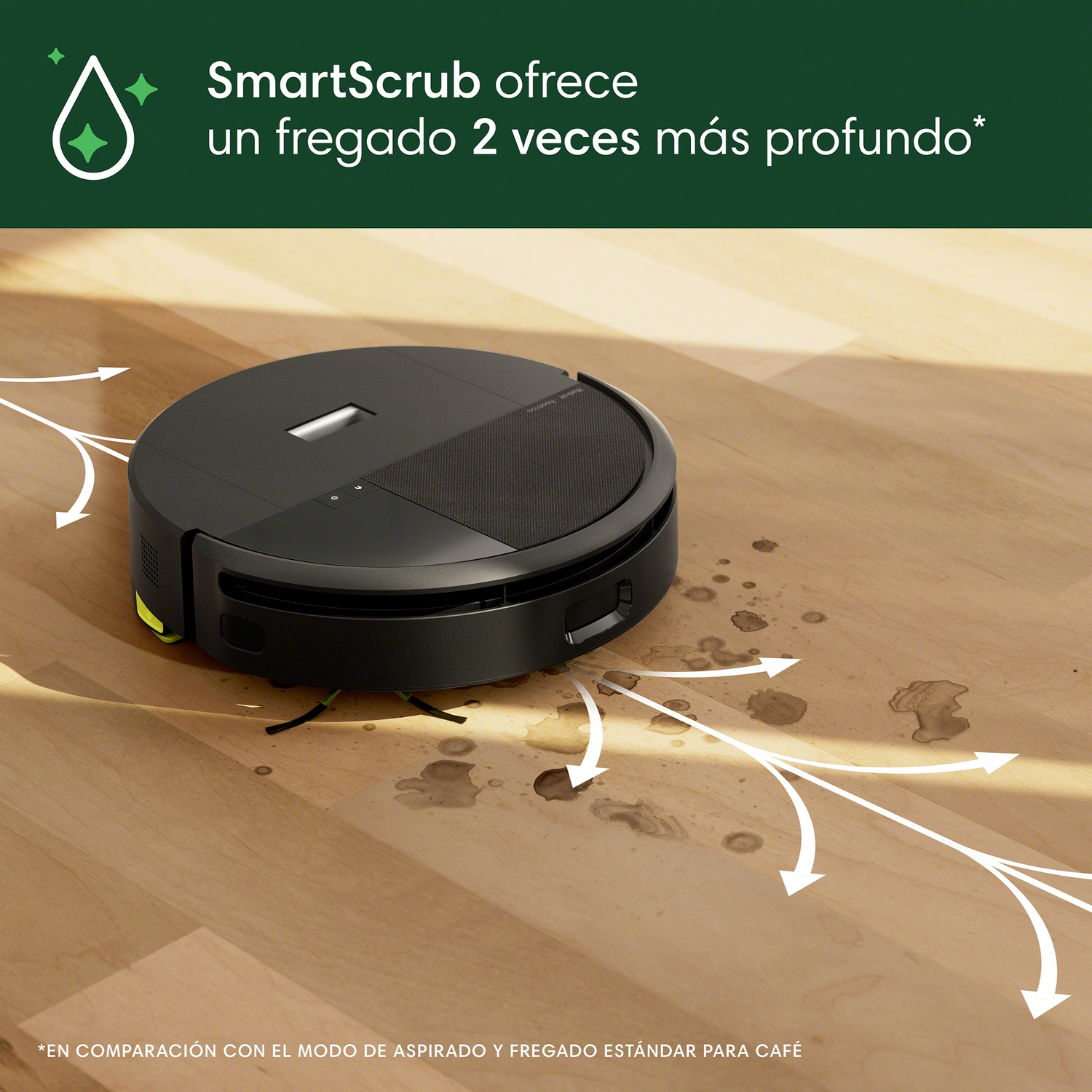 Aspiradora robot negra en piso de madera con flechas blancas indicando la ruta de limpieza.