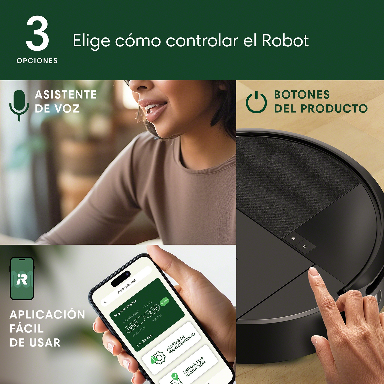 Ilustración que muestra tres formas de controlar un robot aspirador.