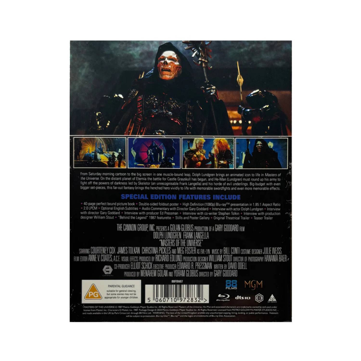 The back cover of a Blu-ray disc of the movie 'Masters of the Universe', with text and images.