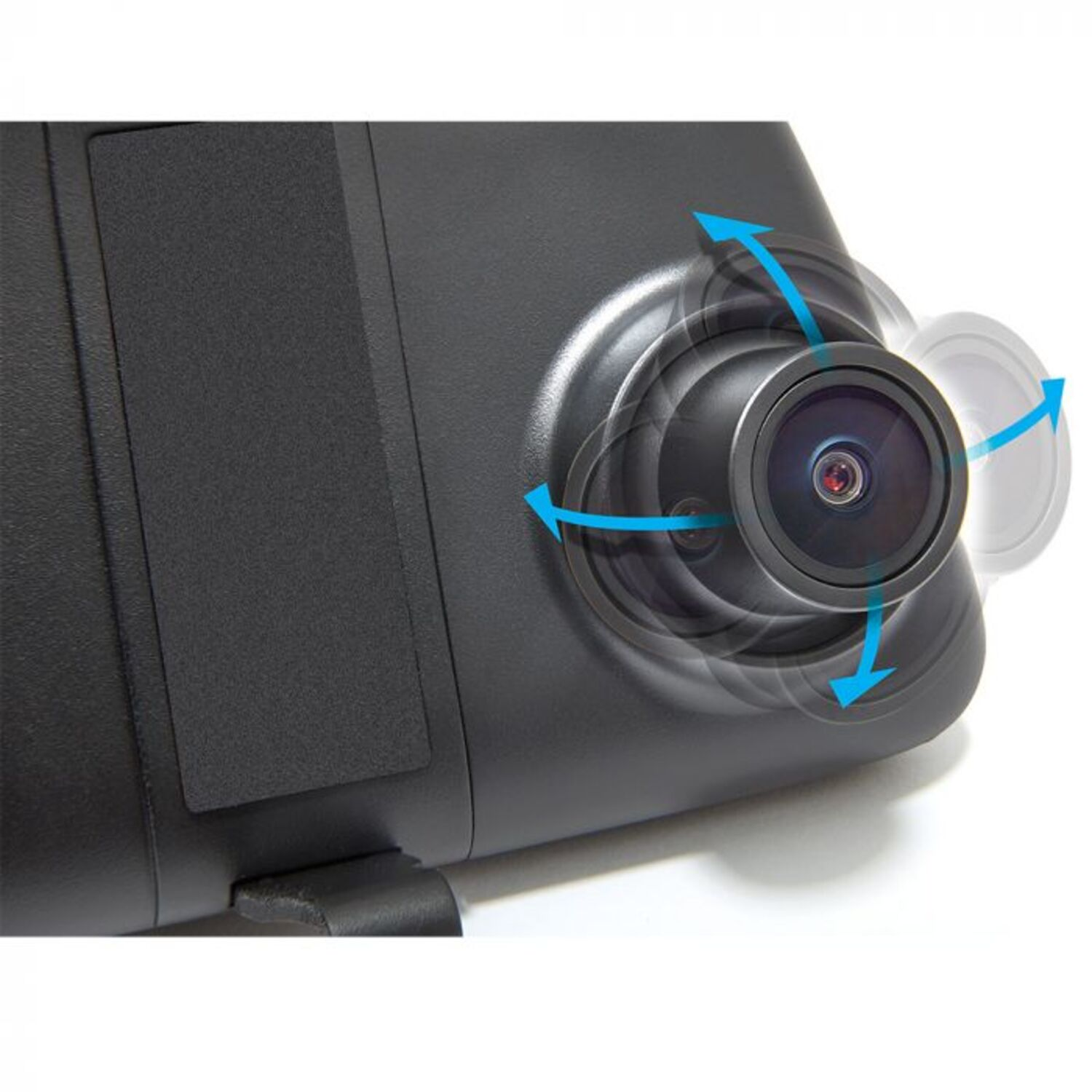 Zwart cameradetail met lens en pijlen die beweging aangeven op een witte achtergrond.