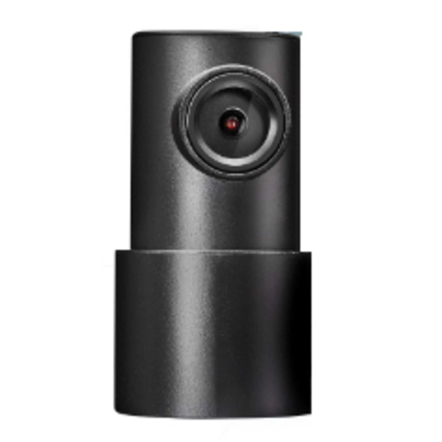 Een kleine zwarte cilindrische camera met een lens en een rood licht. De camera staat verticaal.