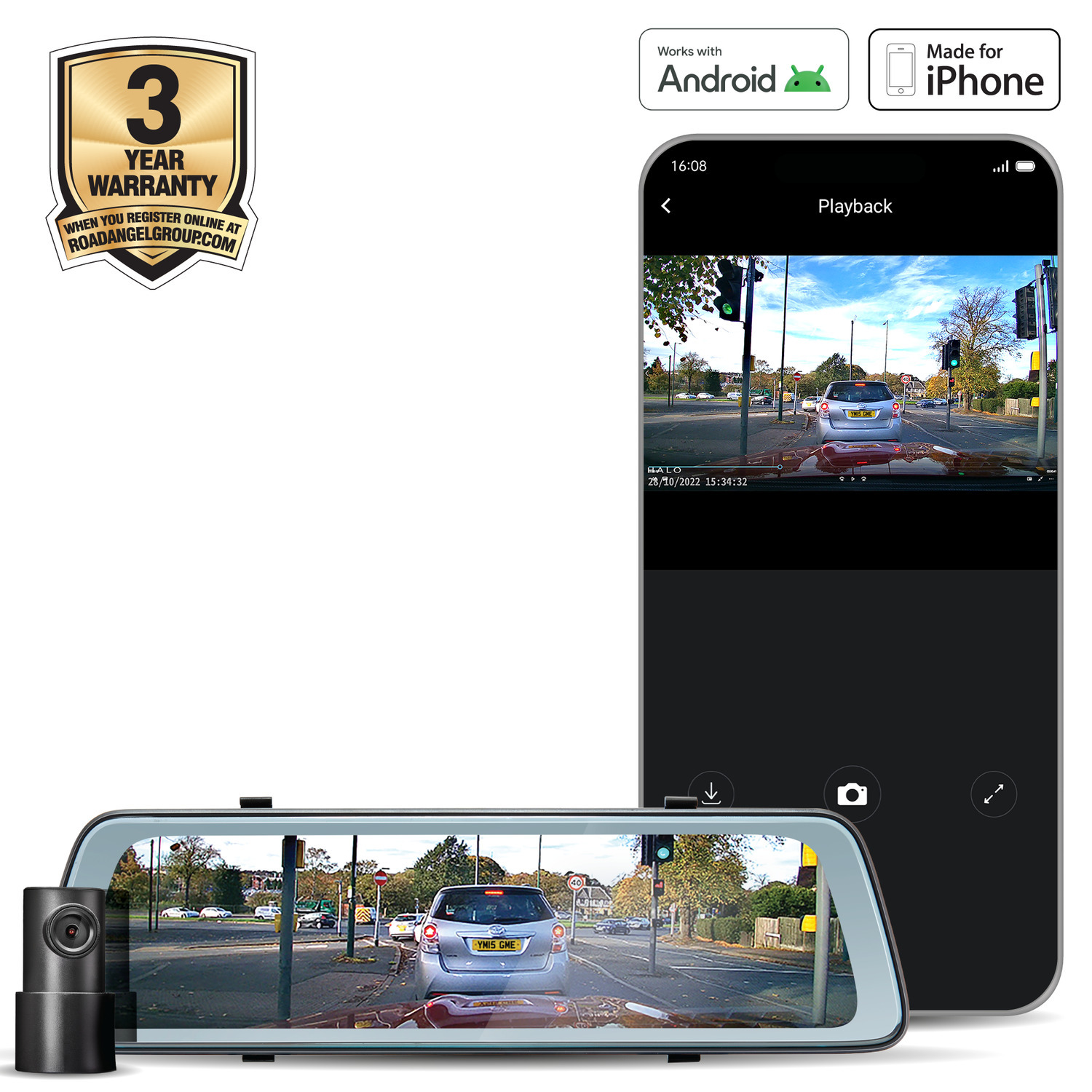 Dashboardcamera en telefoon tonen weergave. Tekst: 3 jaar garantie, werkt met Android, Made for iPhone.