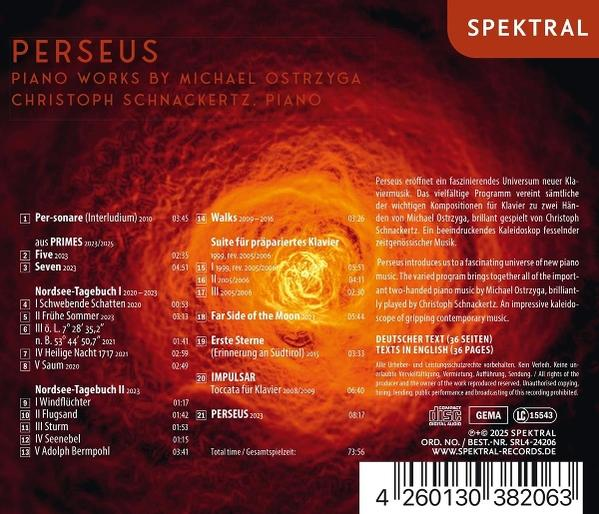 CD-Cover für Perseus Klavierwerke mit Text und einem Spiralgalaxie-Bild im Hintergrund.