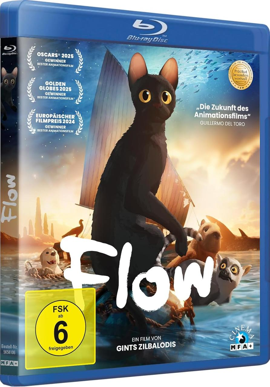 Blu-ray-Disc-Hülle für den Animationsfilm „Flow“, mit einer schwarzen Katze auf einem Boot.