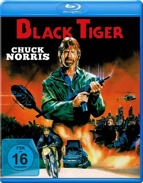 Filmcover: Chuck Norris mit einer Waffe, Hubschrauber, Explosionen und Stadt. Titel: Black Tiger.