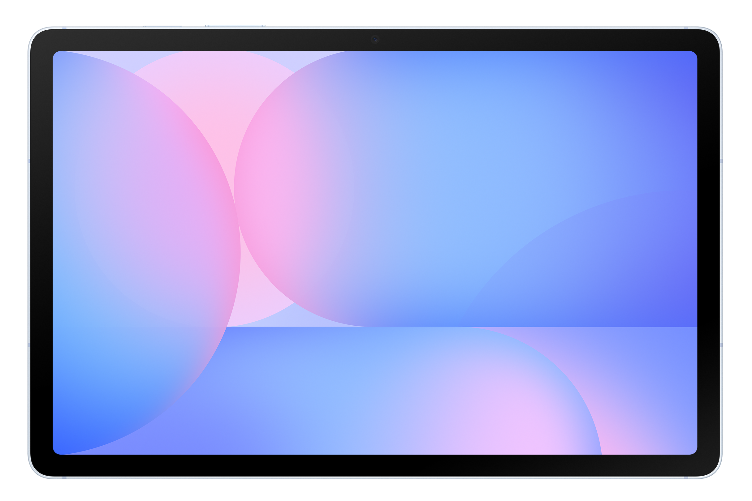 Tablet z czarną ramką i ekranem wyświetlającym niebiesko-różowy gradient.