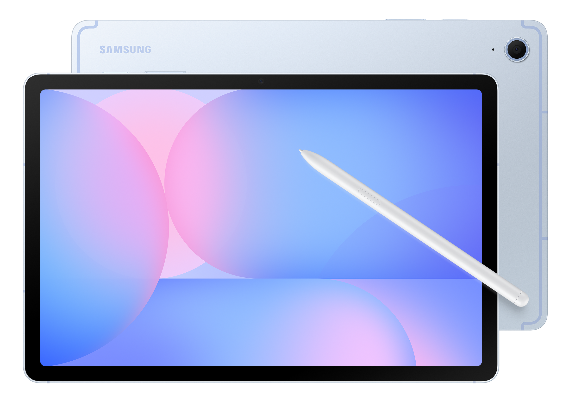 Tablet: Samsung, jasnoniebieski, z rysikiem. Pokazuje różowo-niebieską grafikę i białe tło.