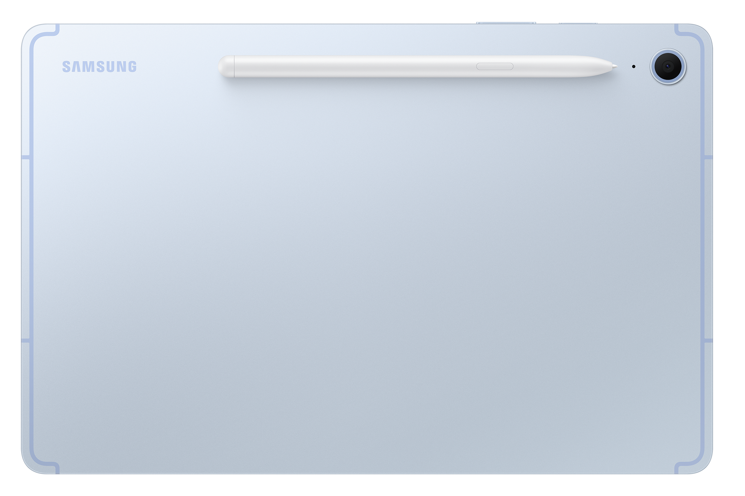 Jasnoniebieski tablet z rysikiem i aparatem na czarnym tle.