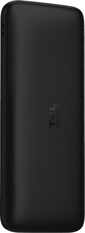 Fekete TCL telefon, hátulnézet, kamerával és TCL One Touch logóval.