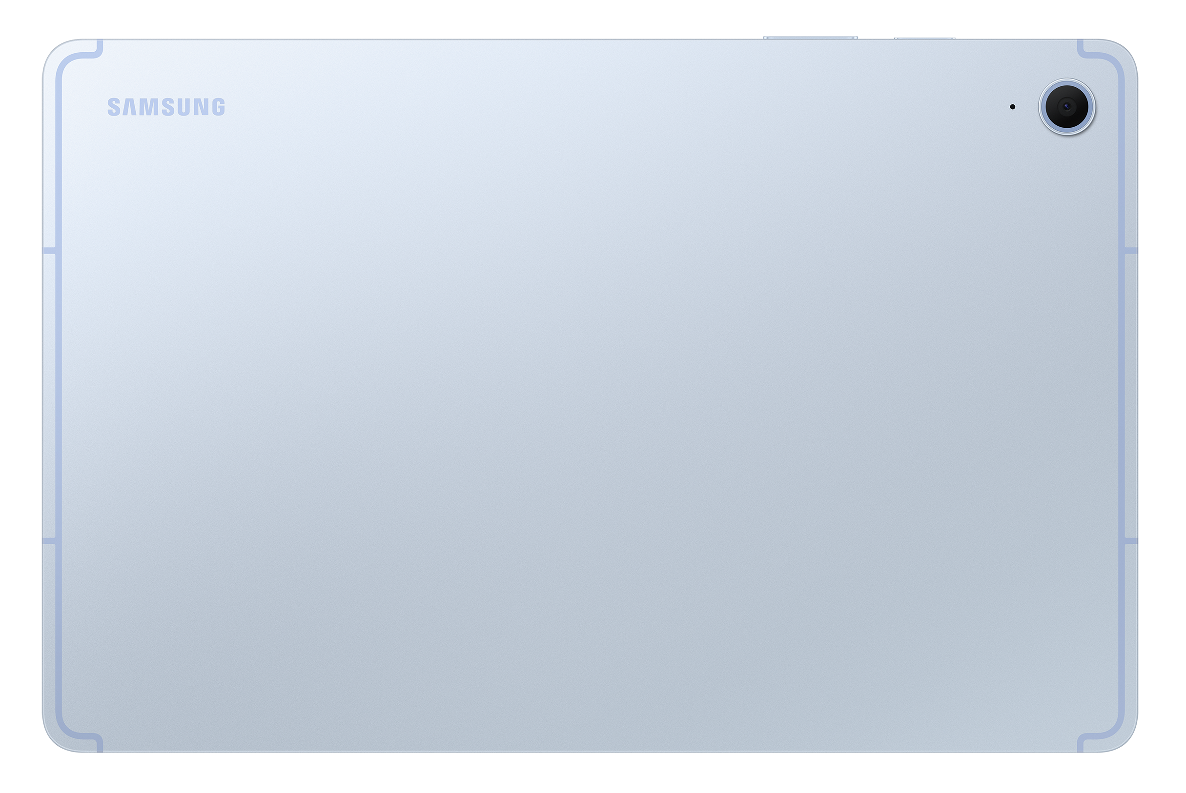 Jasnoniebieski tył tabletu z aparatem i logo Samsung.