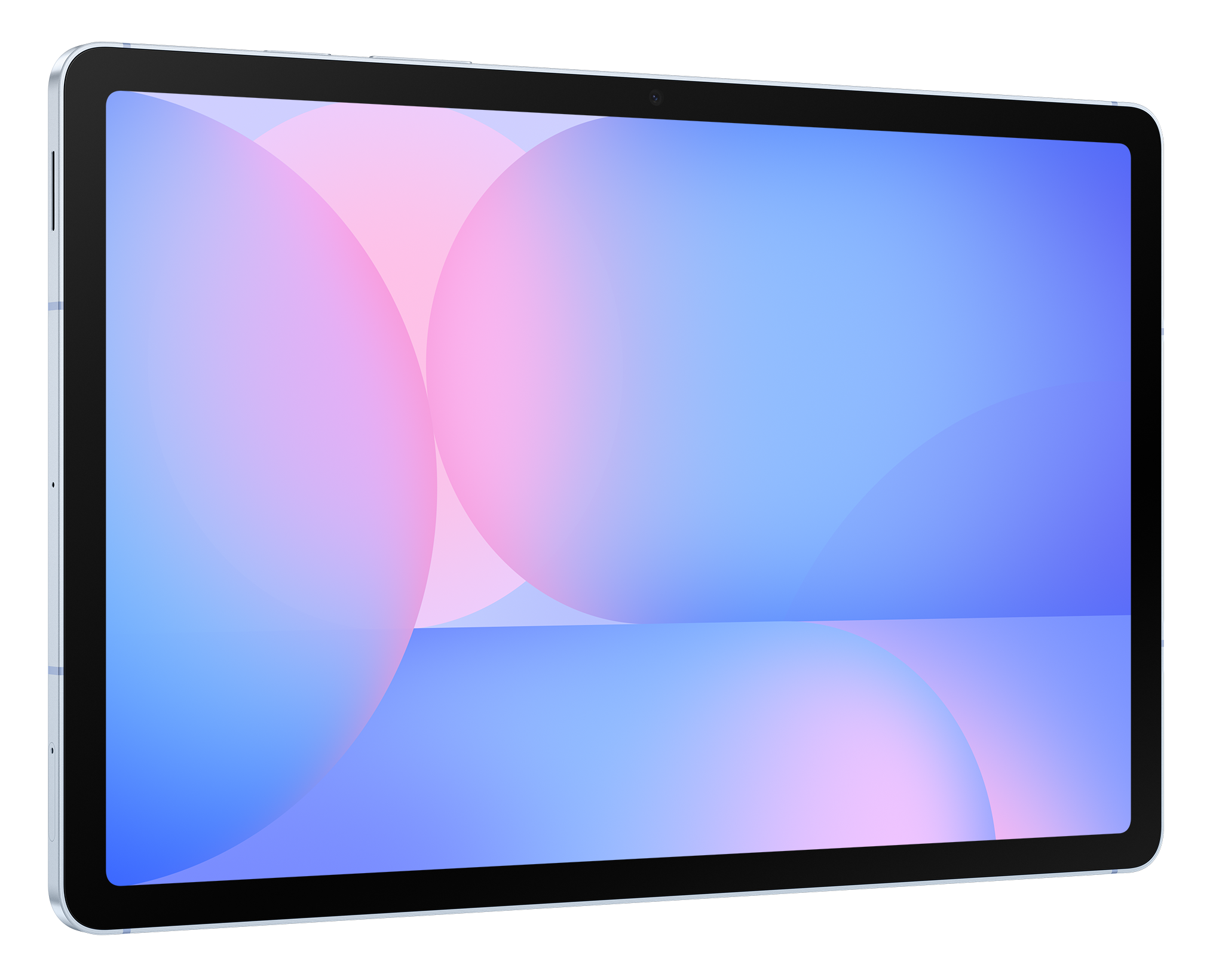 Tablet z jasnym, kolorowym ekranem. Widoczny jest duży niebiesko-różowy gradient.