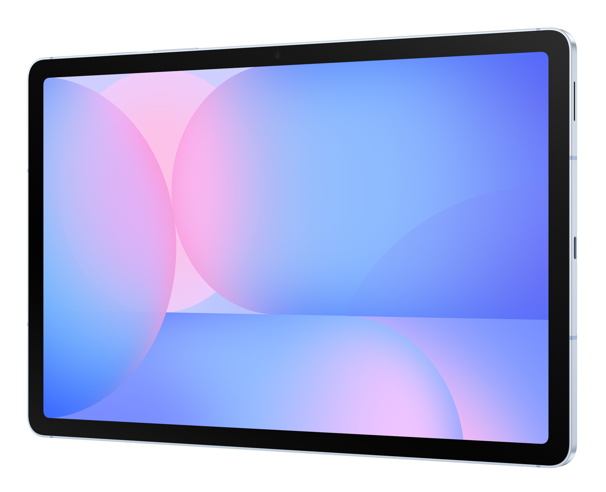 Tablet z jasnym ekranem wyświetlającym niebieskie i różowe abstrakcyjne kształty, z czarną obwódką.