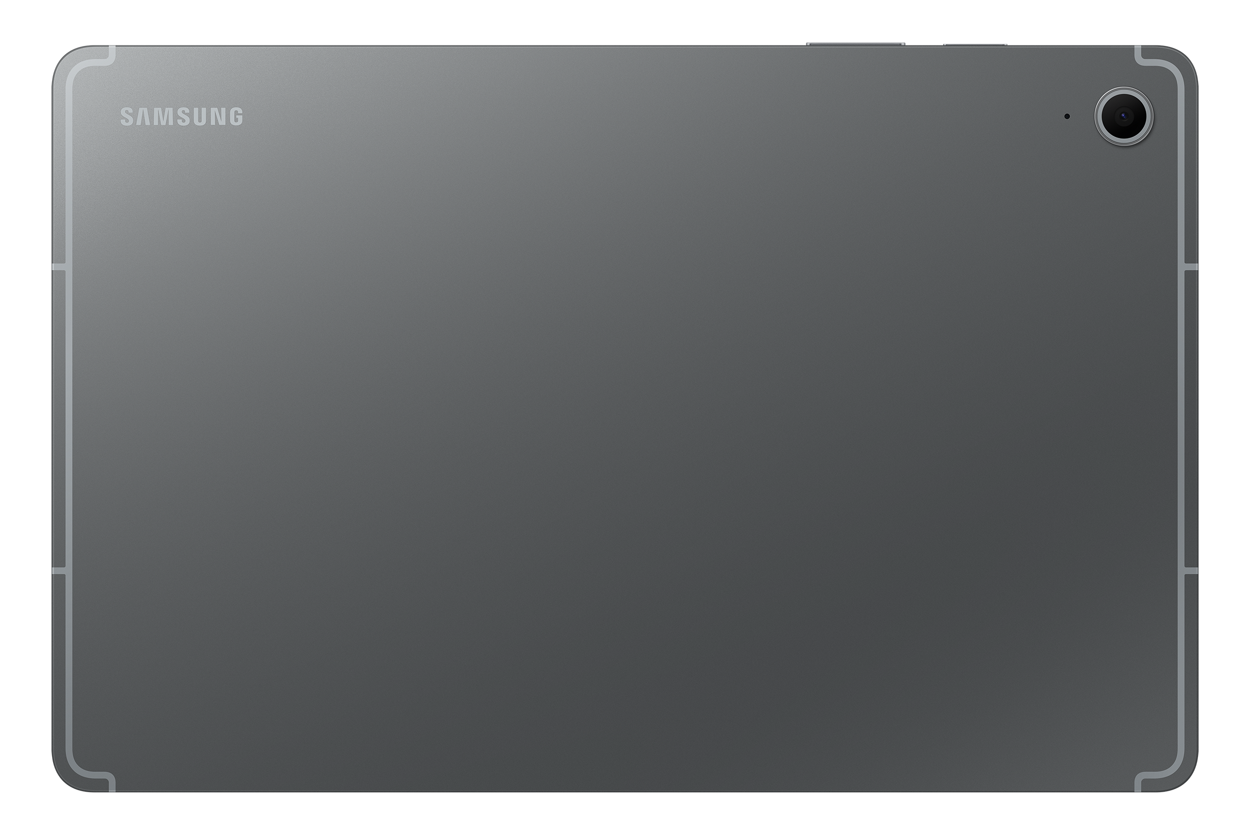 Szary tył tabletu Samsung z aparatem i logo.