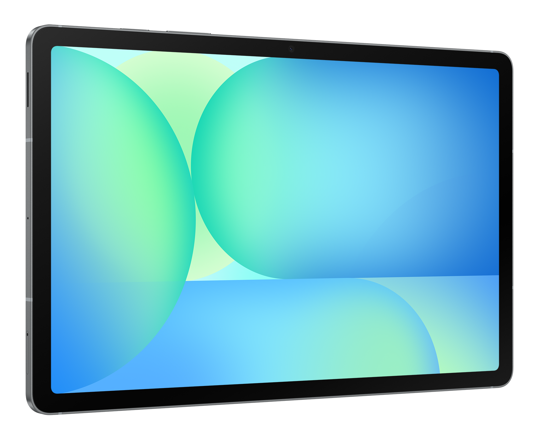 Tablet z rysikiem, abstrakcyjne koła w tle.