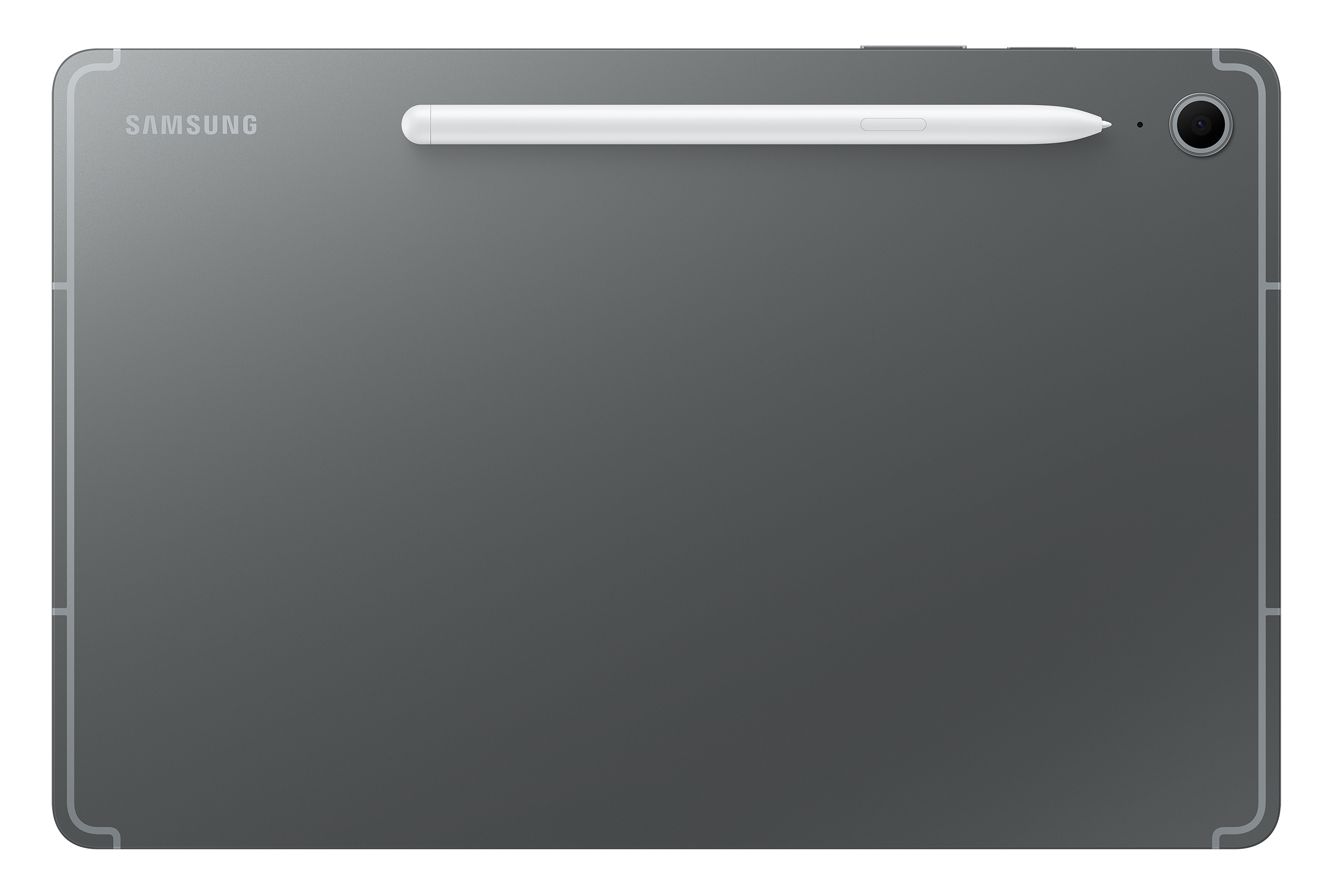 Szary tył tabletu z aparatem i rysikiem. Logo Samsung na górze.